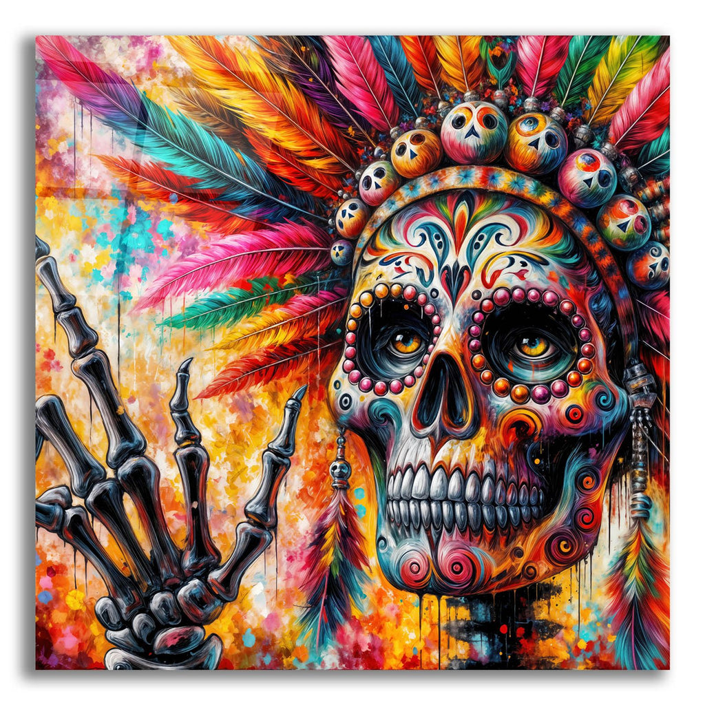 Colorful Skull With Feathers by Rey Klimt acrylic glass wall art