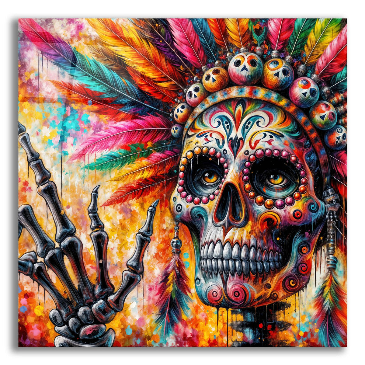 Colorful Skull With Feathers by Rey Klimt acrylic glass wall art