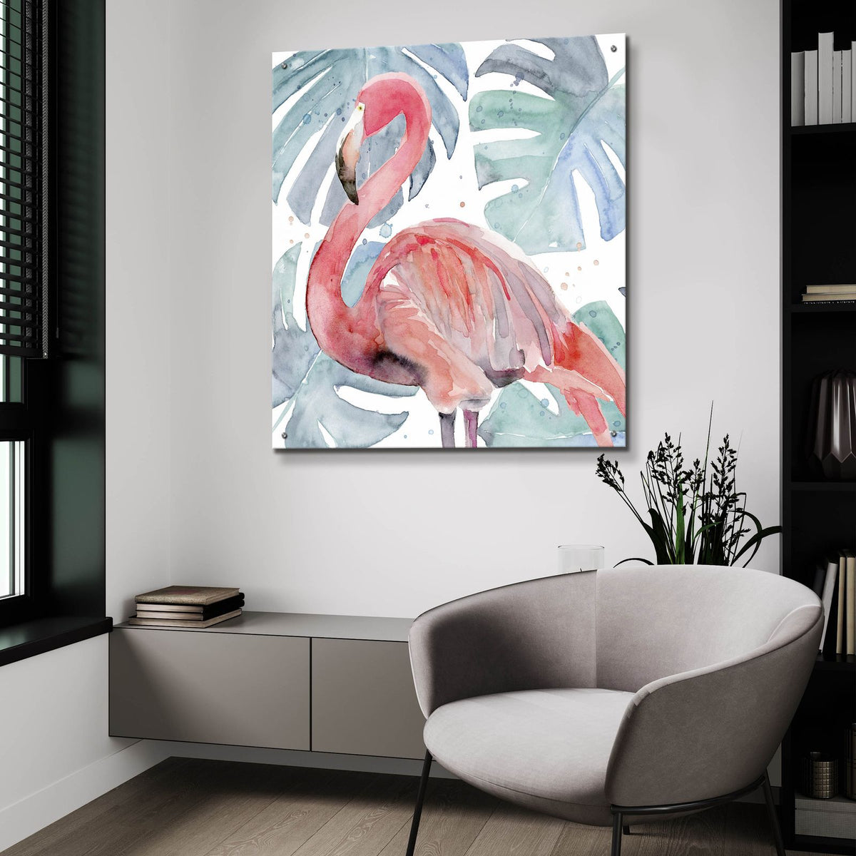 Flamingo Splash 2 by Annie Warren - 36x36 acrylic wall art in a room