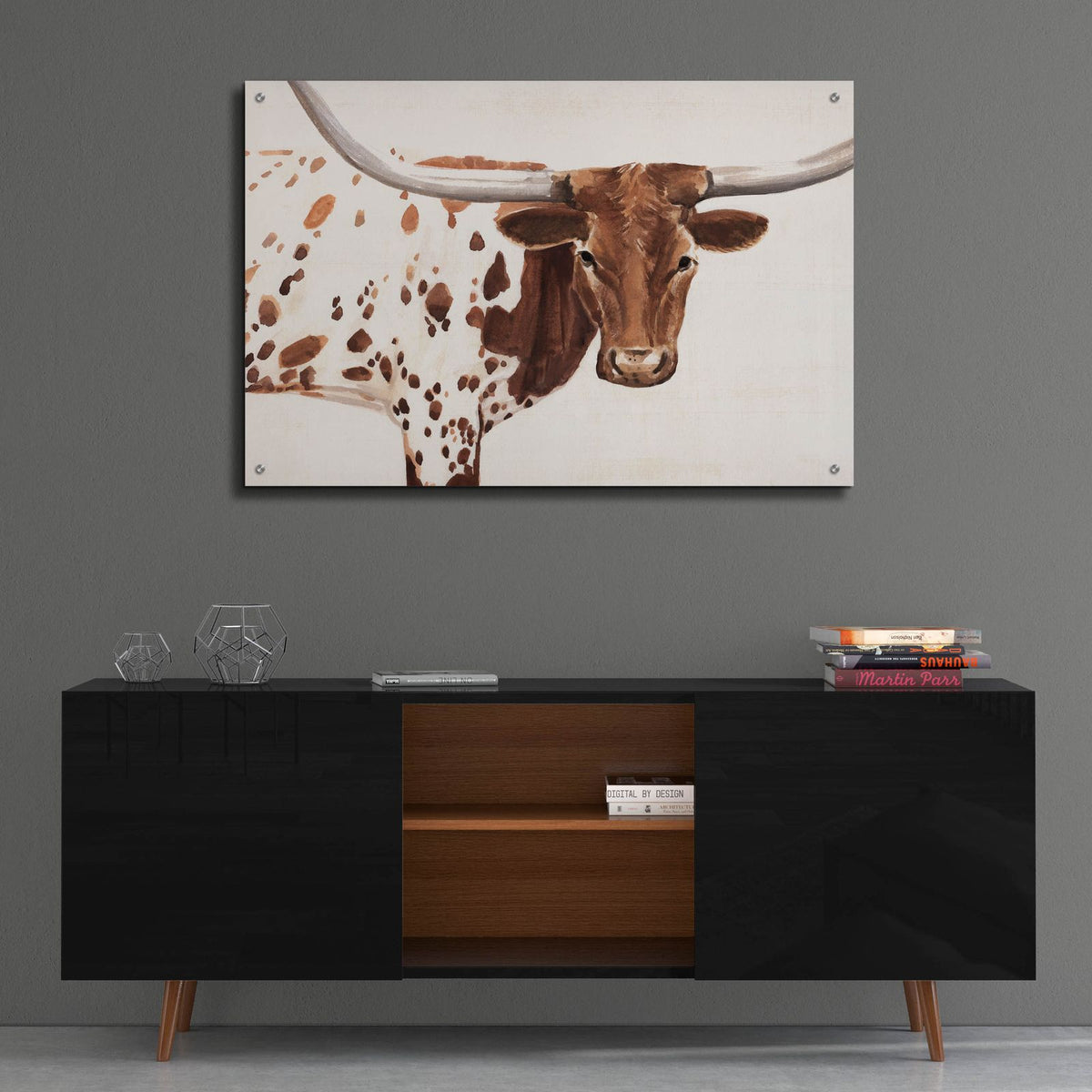 Spotted Steer 1 by Annie Warren - 36x24 acrylic wall art in a room