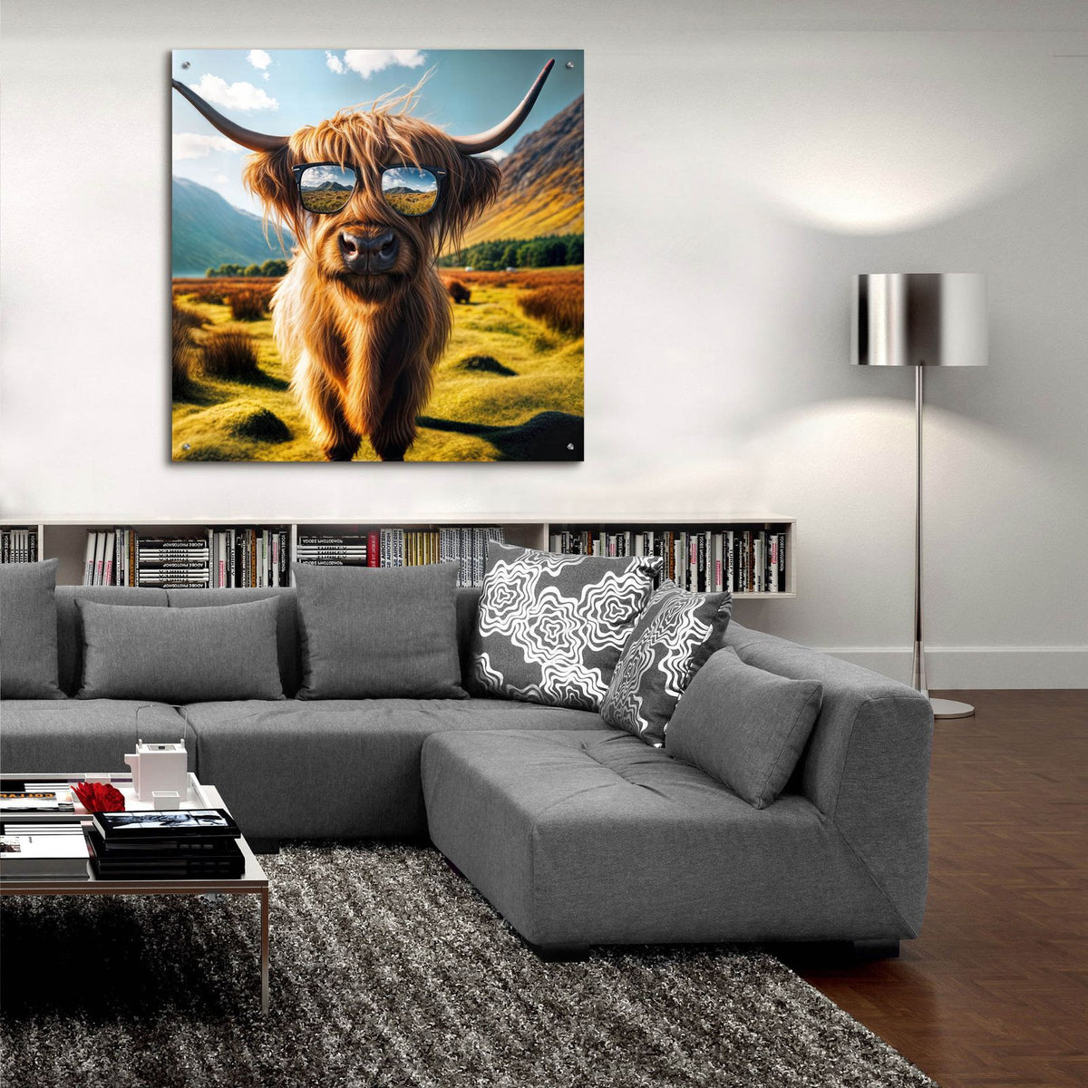 Highland Cow Sunglasses 1 by Rey Klimt - 36x36 acrylic wall art in a room