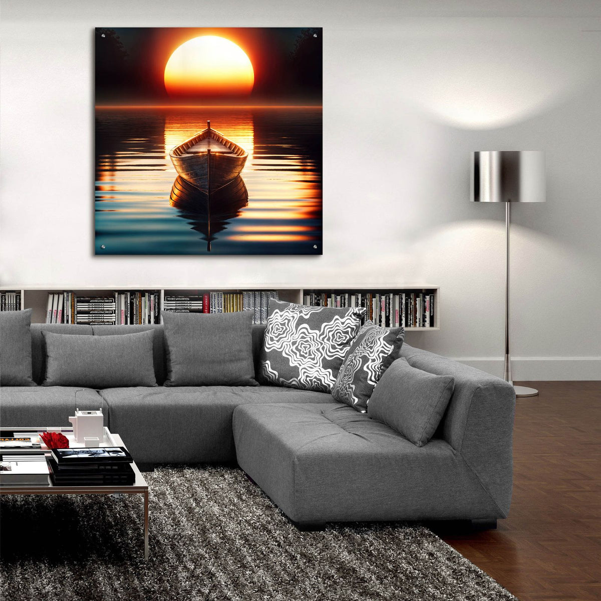 Row Boat At Sunrise by Rey Klimt - 36x36 acrylic wall art in a room