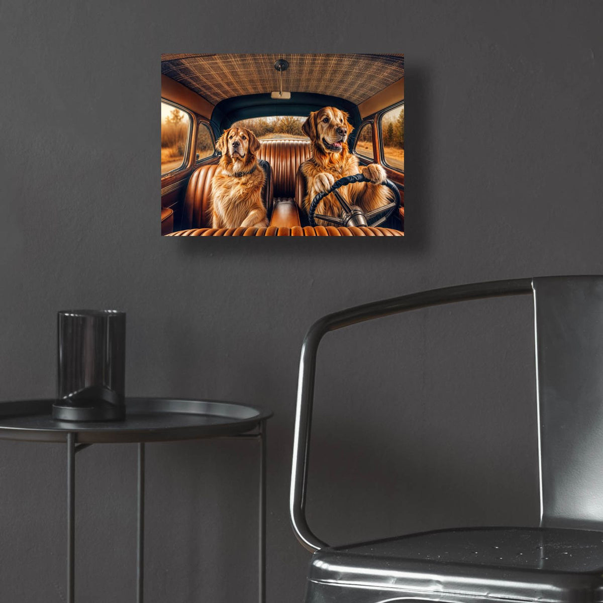 Two Golden Retriever Dogs In Vintage Car by Rey Klimt - 16x12 acrylic wall art in a room