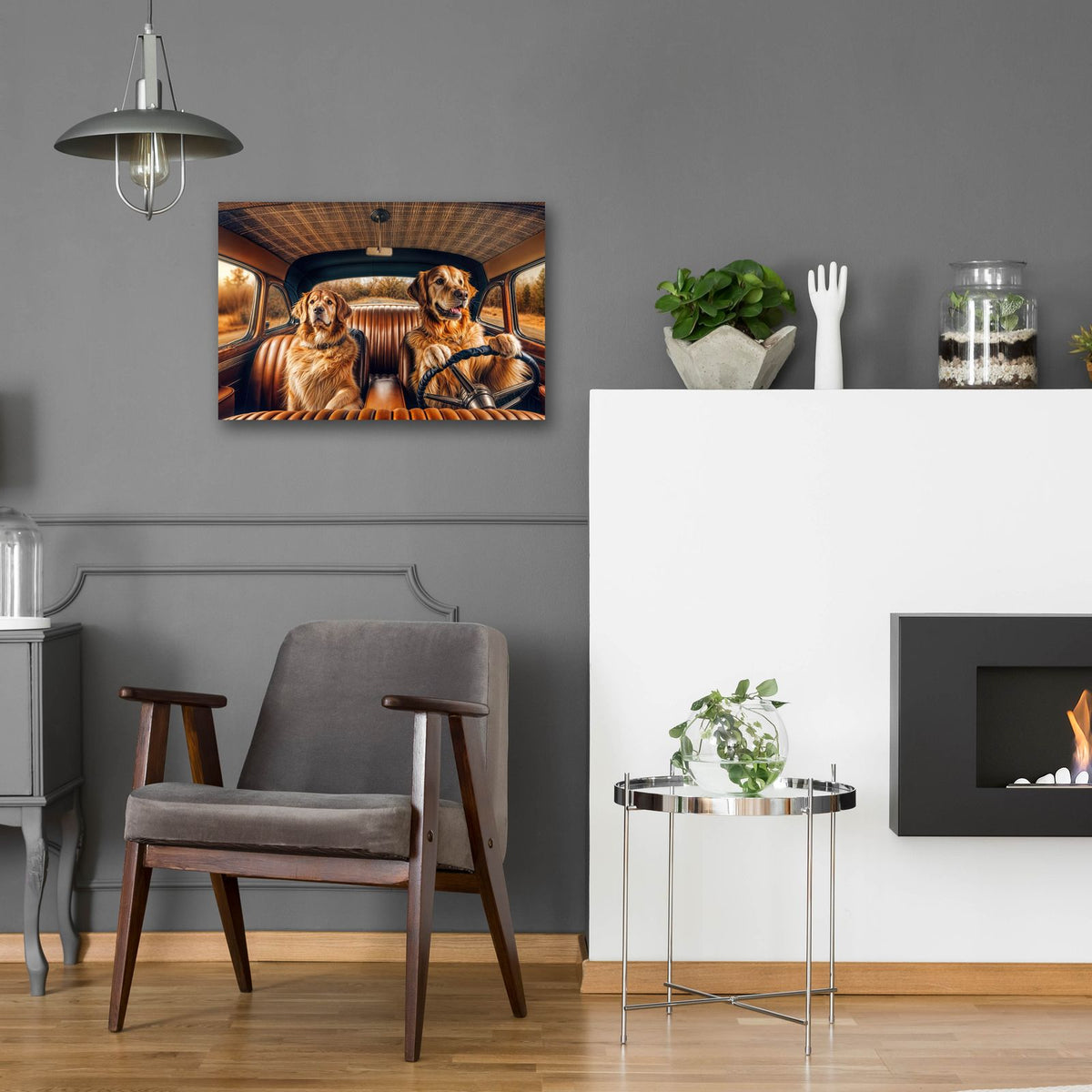 Two Golden Retriever Dogs In Vintage Car by Rey Klimt - 24x16 acrylic wall art in a room