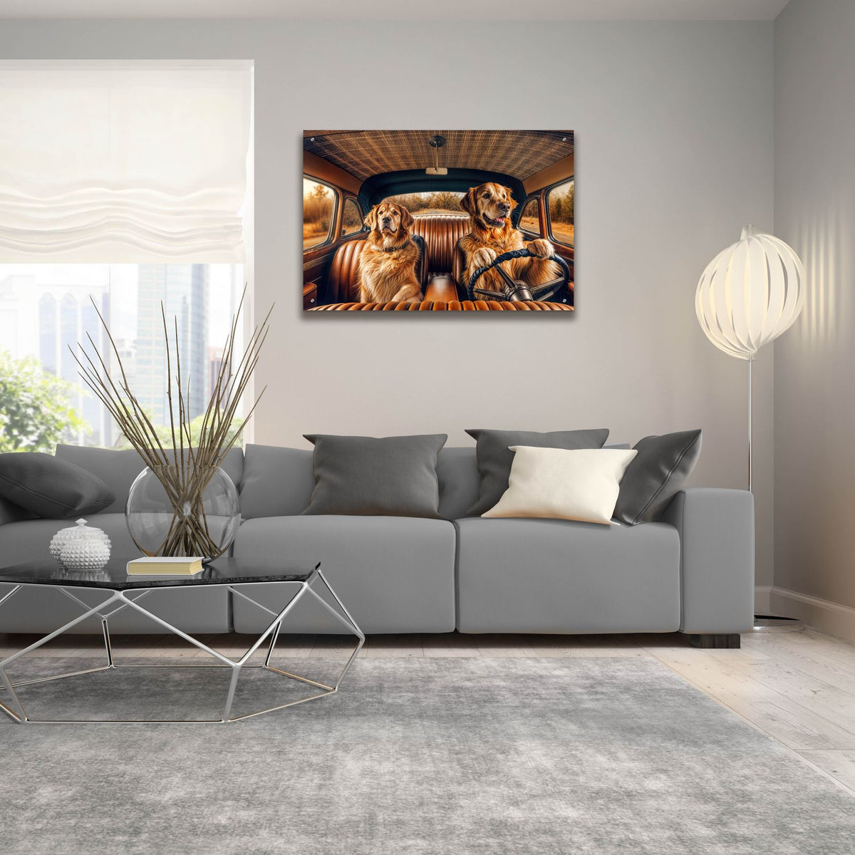 Two Golden Retriever Dogs In Vintage Car by Rey Klimt - 36x24 acrylic wall art in a room