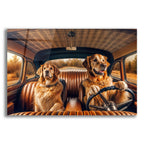 Two Golden Retriever Dogs In Vintage Car by Rey Klimt acrylic glass wall art
