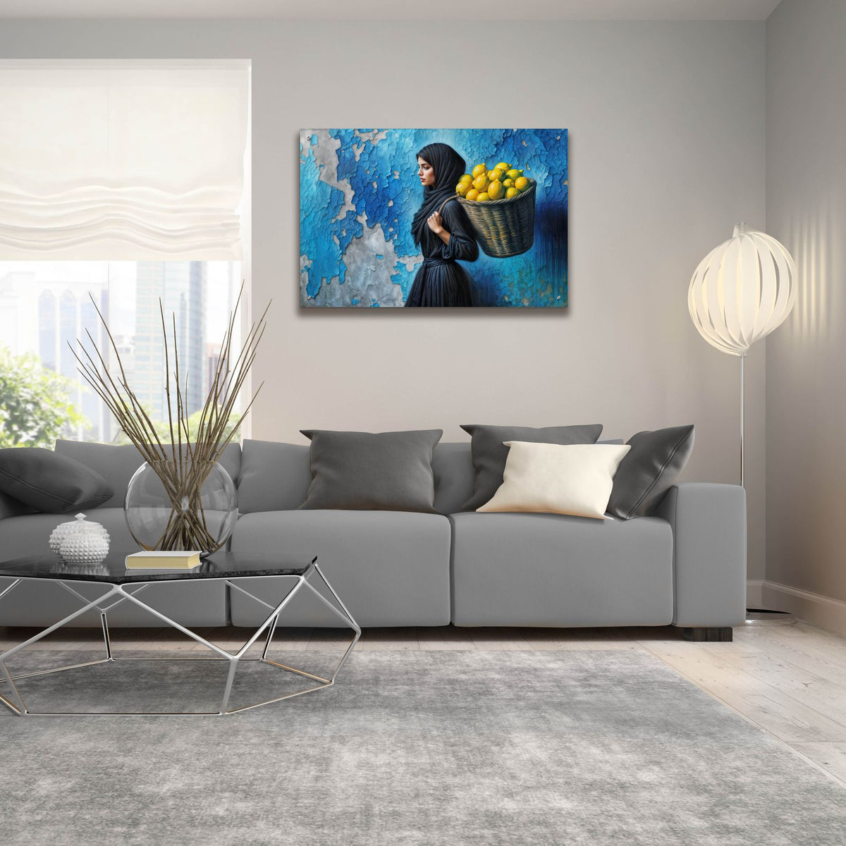 Girl With Basket Of Lemons by Rey Klimt - 36x24 acrylic wall art in a room