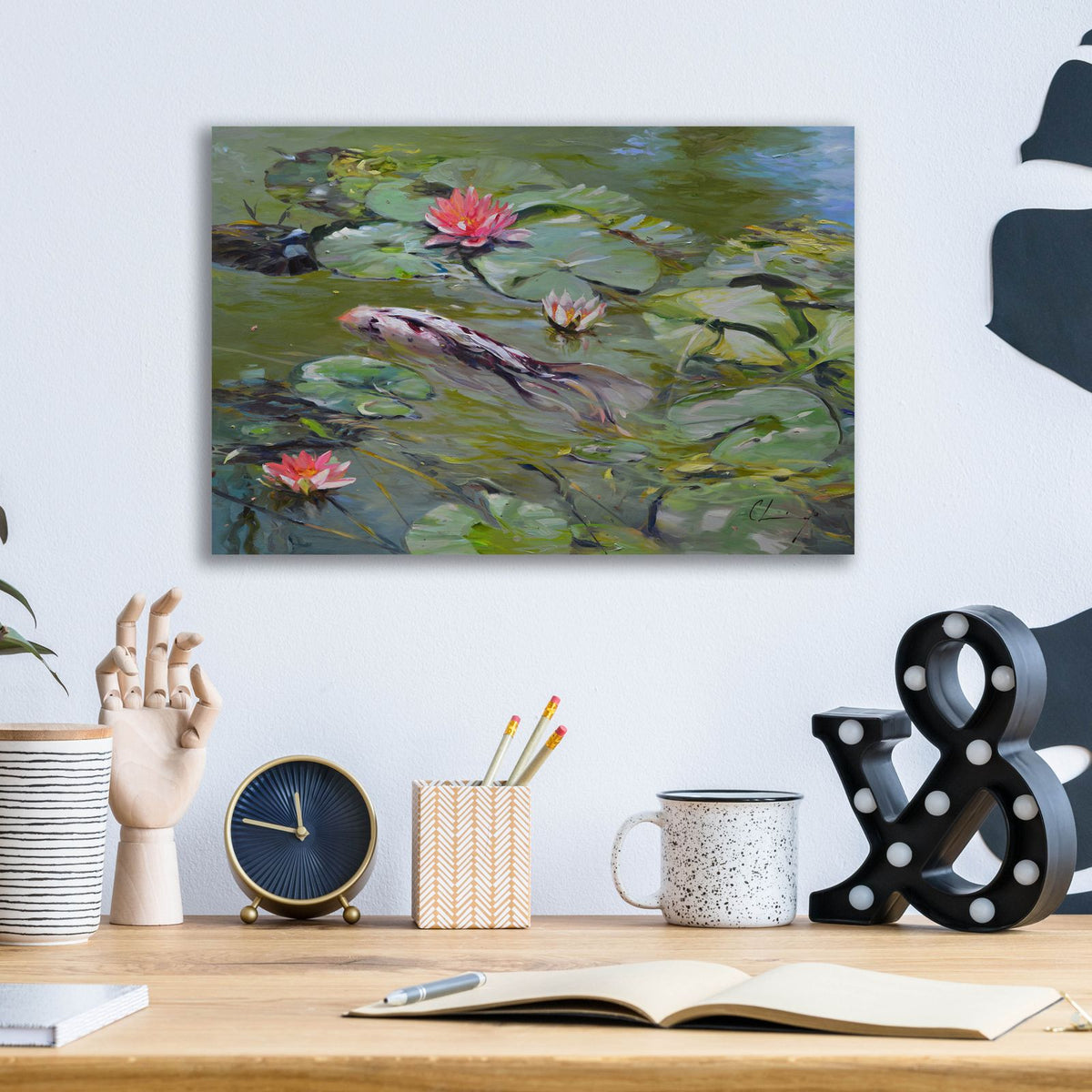 Koi And Lilies 3 by Chuck Larivey - 16x12 acrylic wall art in a room