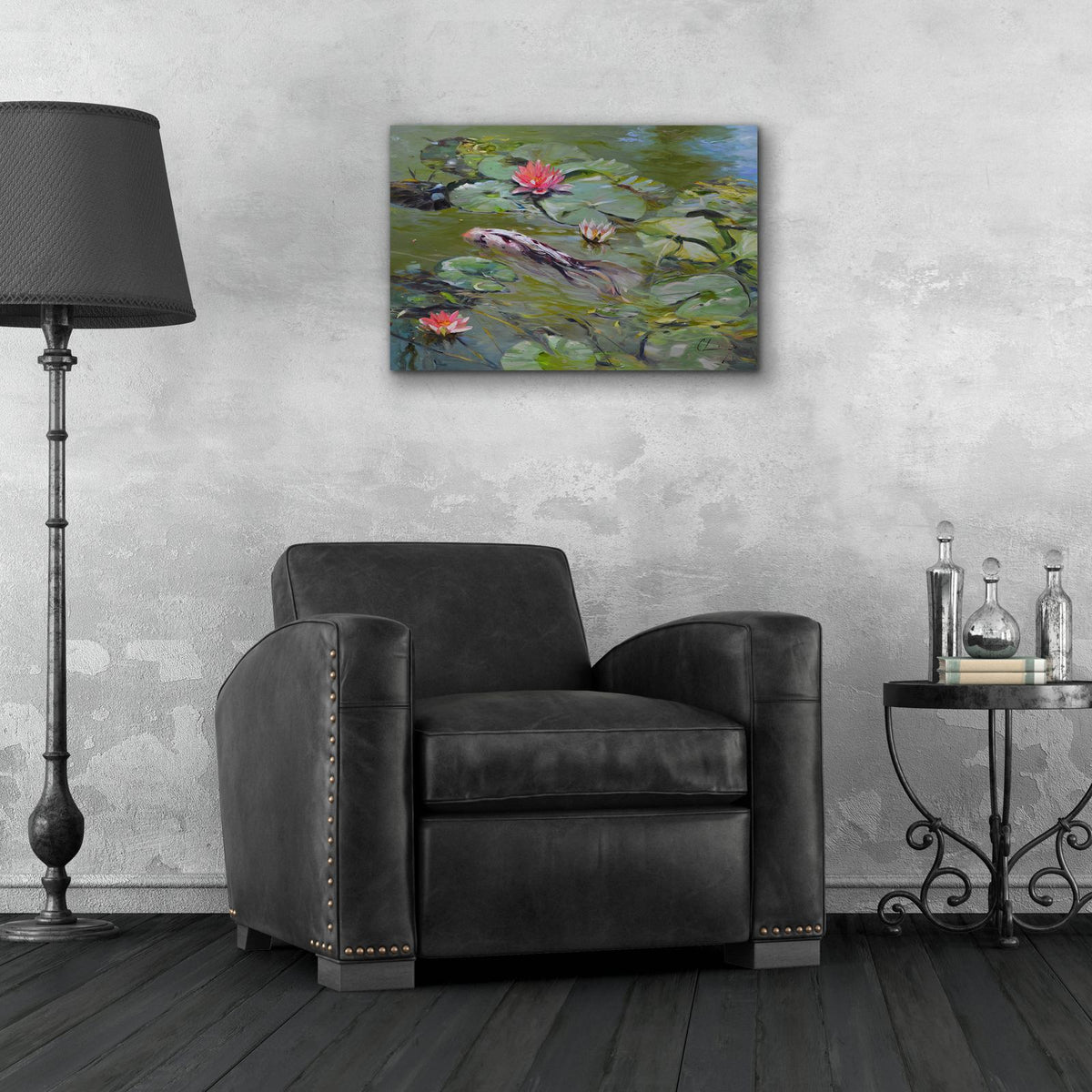 Koi And Lilies 3 by Chuck Larivey - 24x16 acrylic wall art in a room