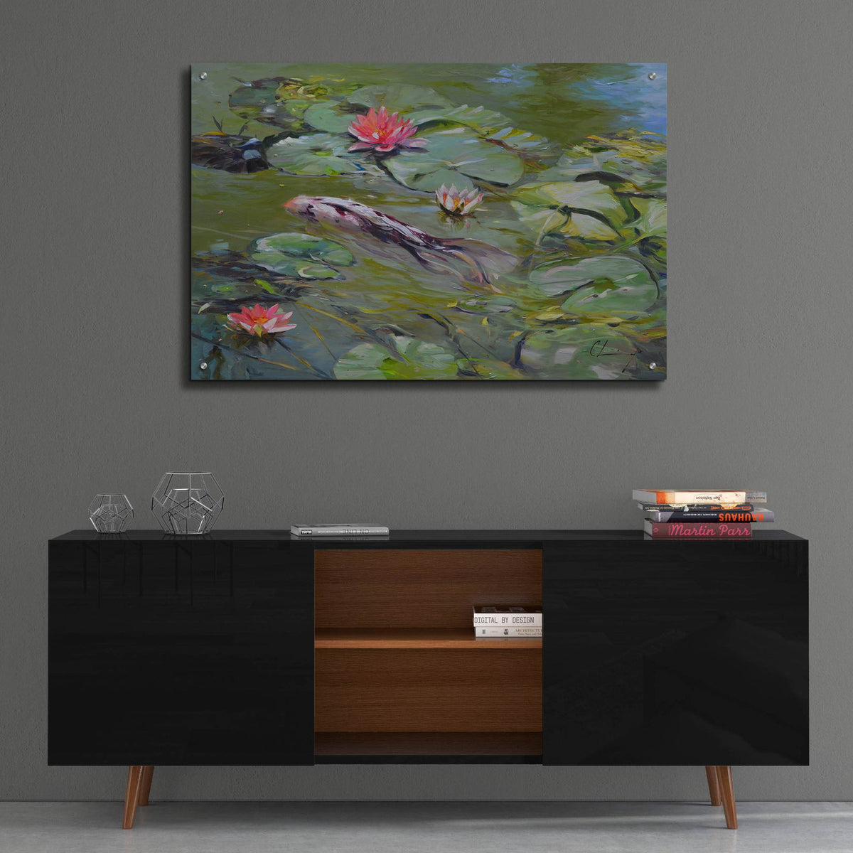 Koi And Lilies 3 by Chuck Larivey - 36x24 acrylic wall art in a room