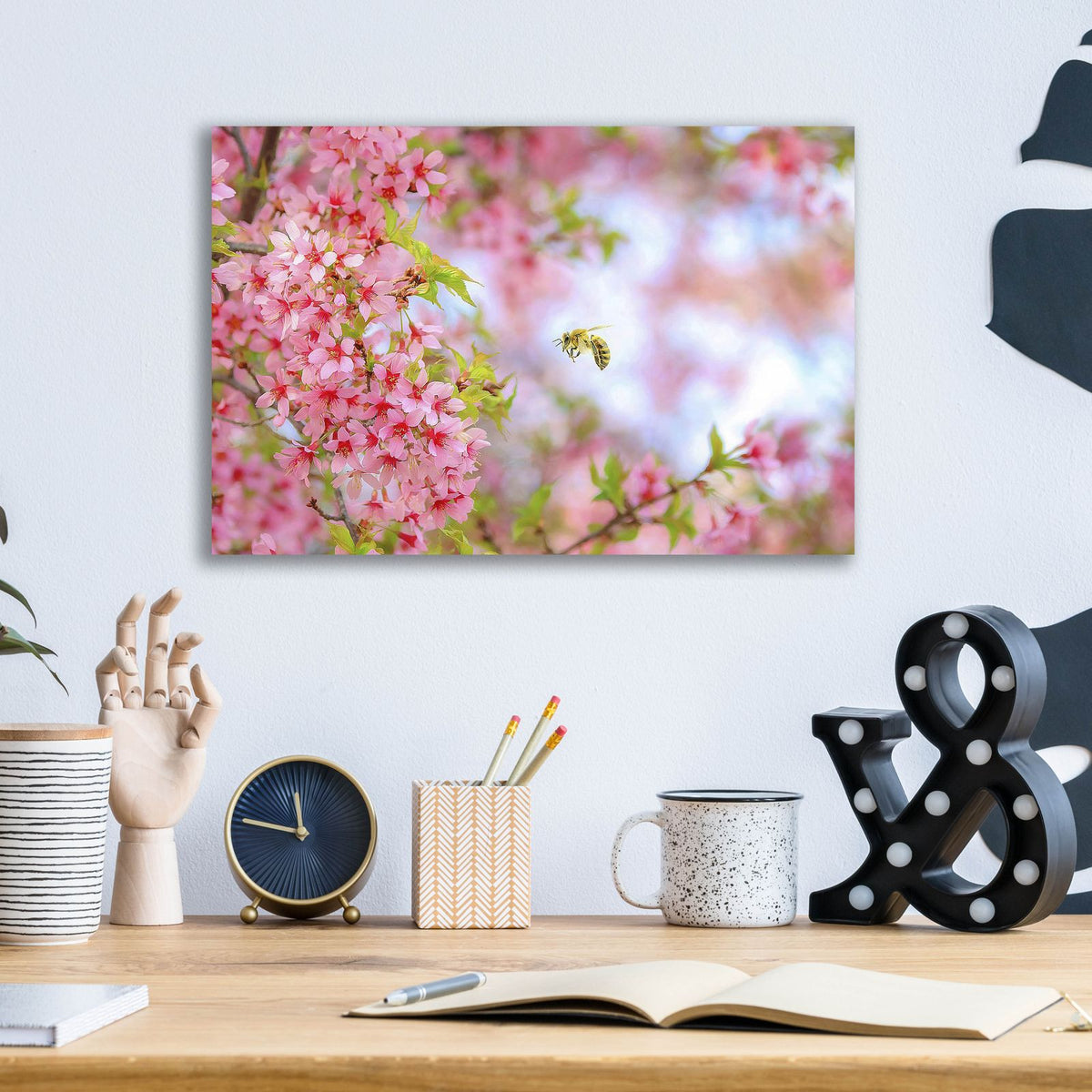 Whimsical Bee & Cherry Tree by Carrie Ann Grippo-Pike - 16x12 acrylic wall art in a room