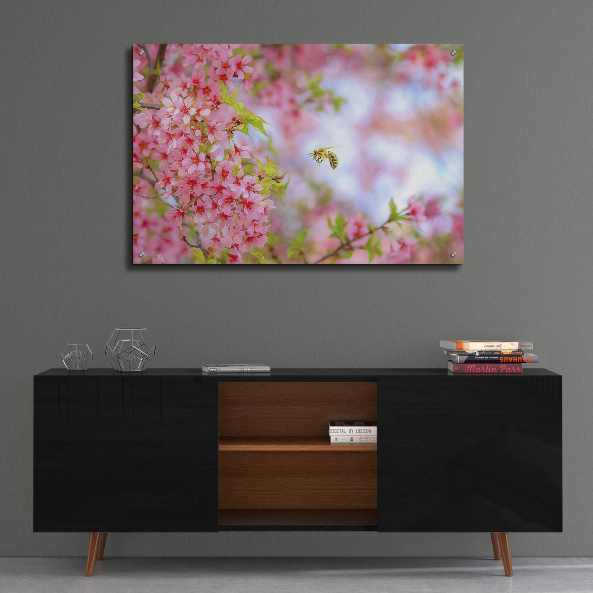 Whimsical Bee & Cherry Tree by Carrie Ann Grippo-Pike - 36x24 acrylic wall art in a room