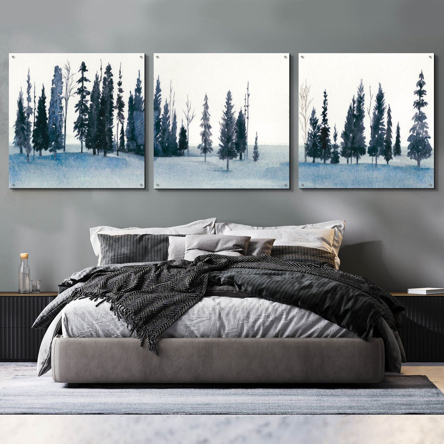 Epic Art 'Sapphire Grove I' by Grace Popp, Acrylic Wall Glass, 3 Piece Set,108x36