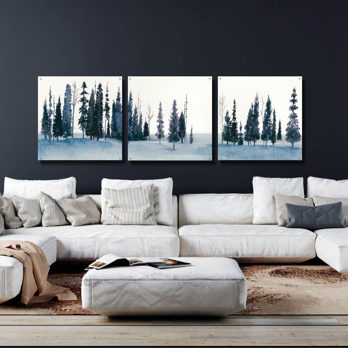 Epic Art 'Sapphire Grove I' by Grace Popp, Acrylic Wall Glass, 3 Piece Set,108x36