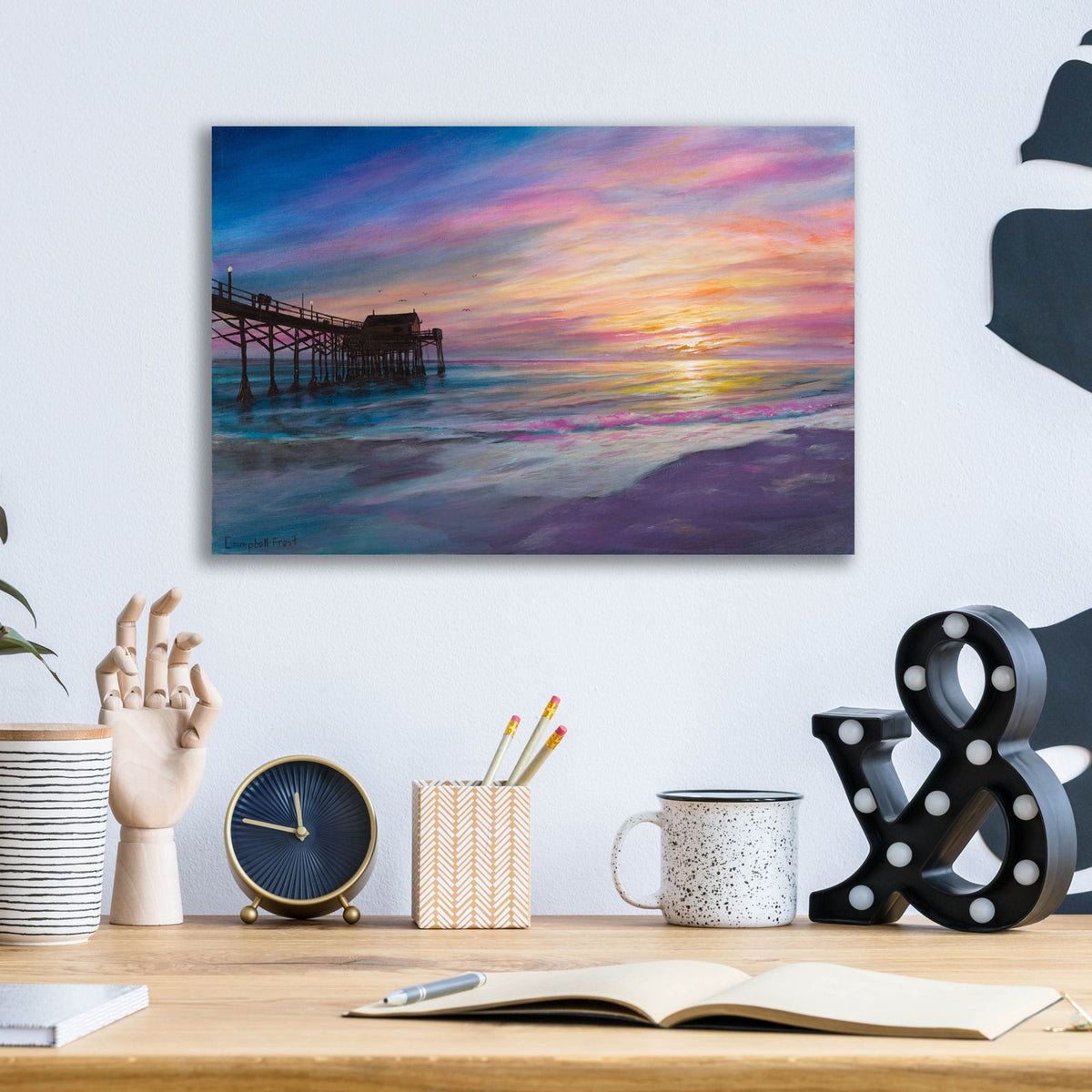 Folly Beach Pier by Campbell Frost - 16x12 acrylic wall art in a room