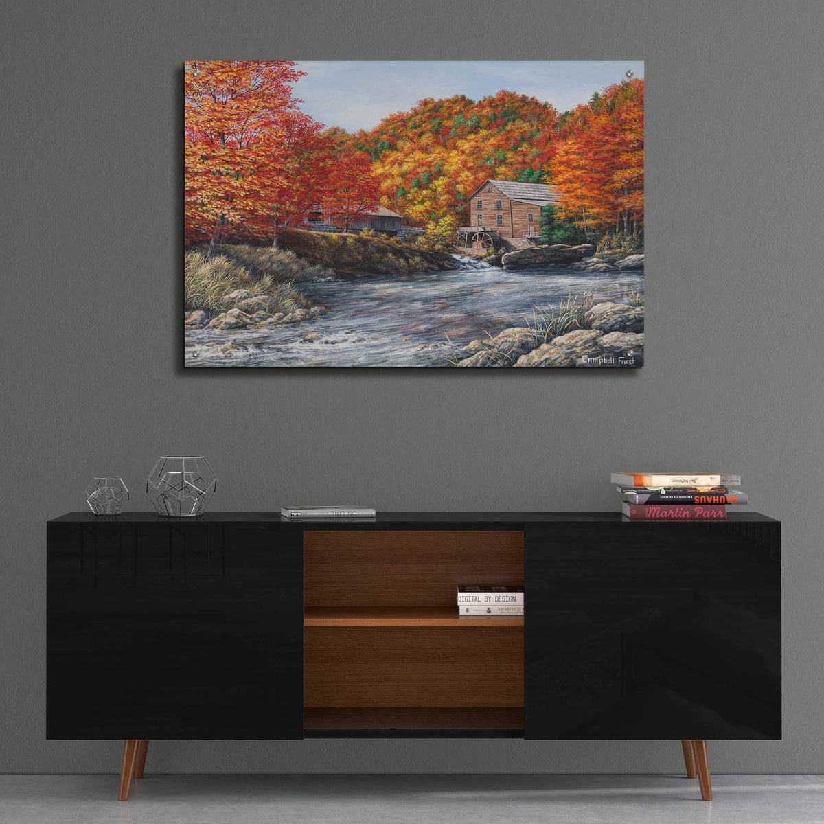 Glade Creek Grist Mill by Campbell Frost - 36x24 acrylic wall art in a room