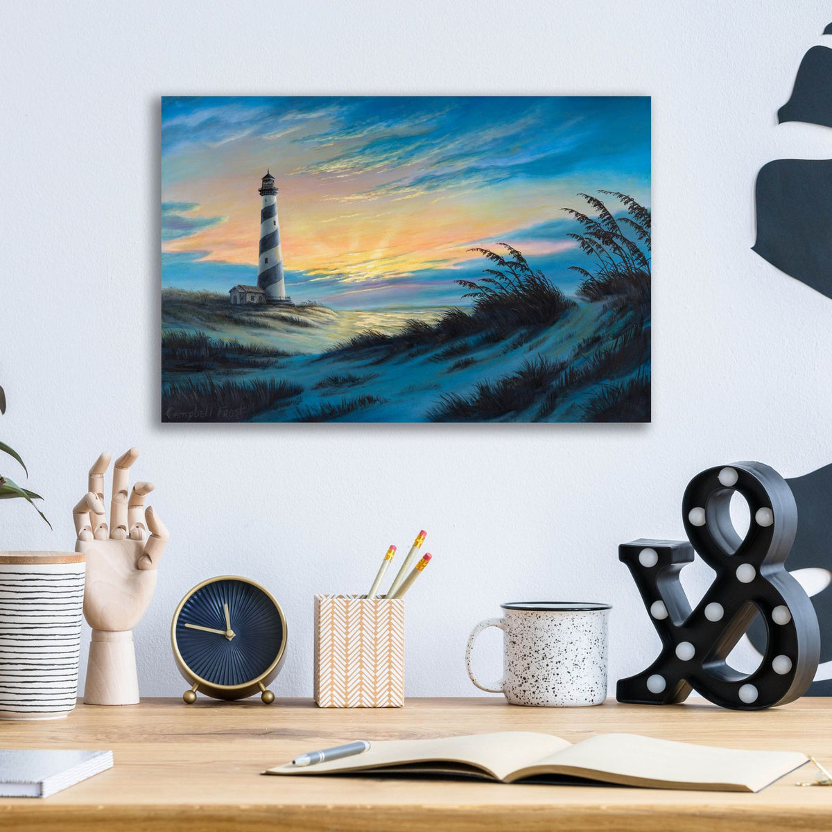 Sunset Lighthouse by Campbell Frost - 16x12 acrylic wall art in a room