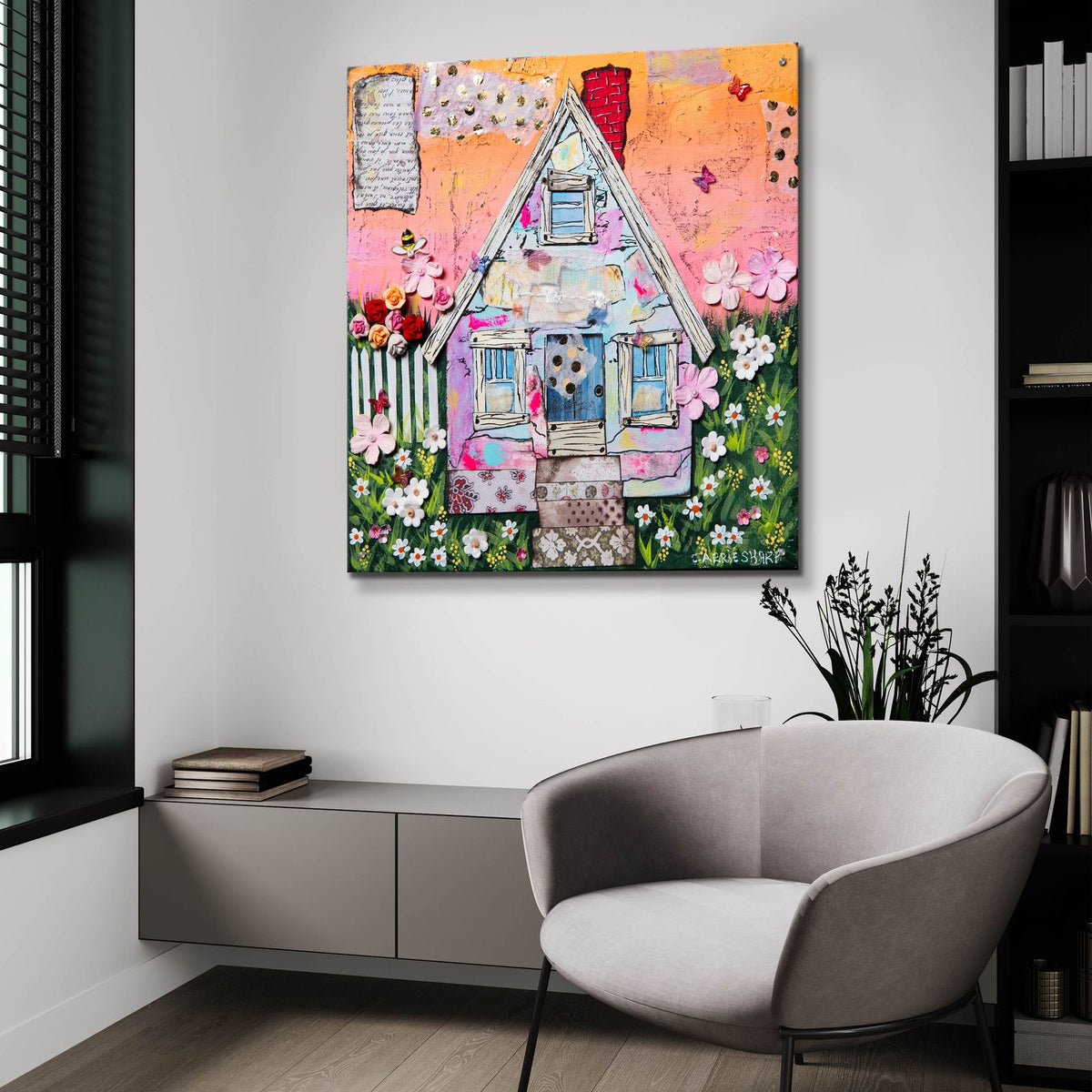 Sweet Sunset Cottage by Carrie Sharp - 36x36 acrylic wall art in a room