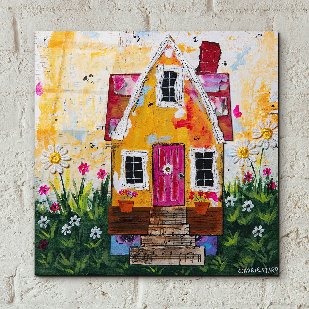 The Yellow Cottage by Carrie Sharp - 12x12 acrylic wall art in a room