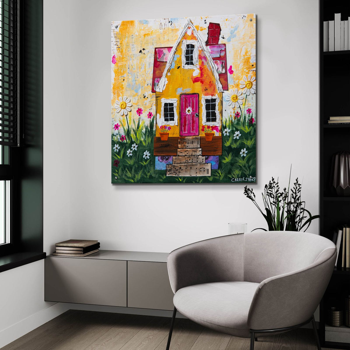 The Yellow Cottage by Carrie Sharp - 36x36 acrylic wall art in a room