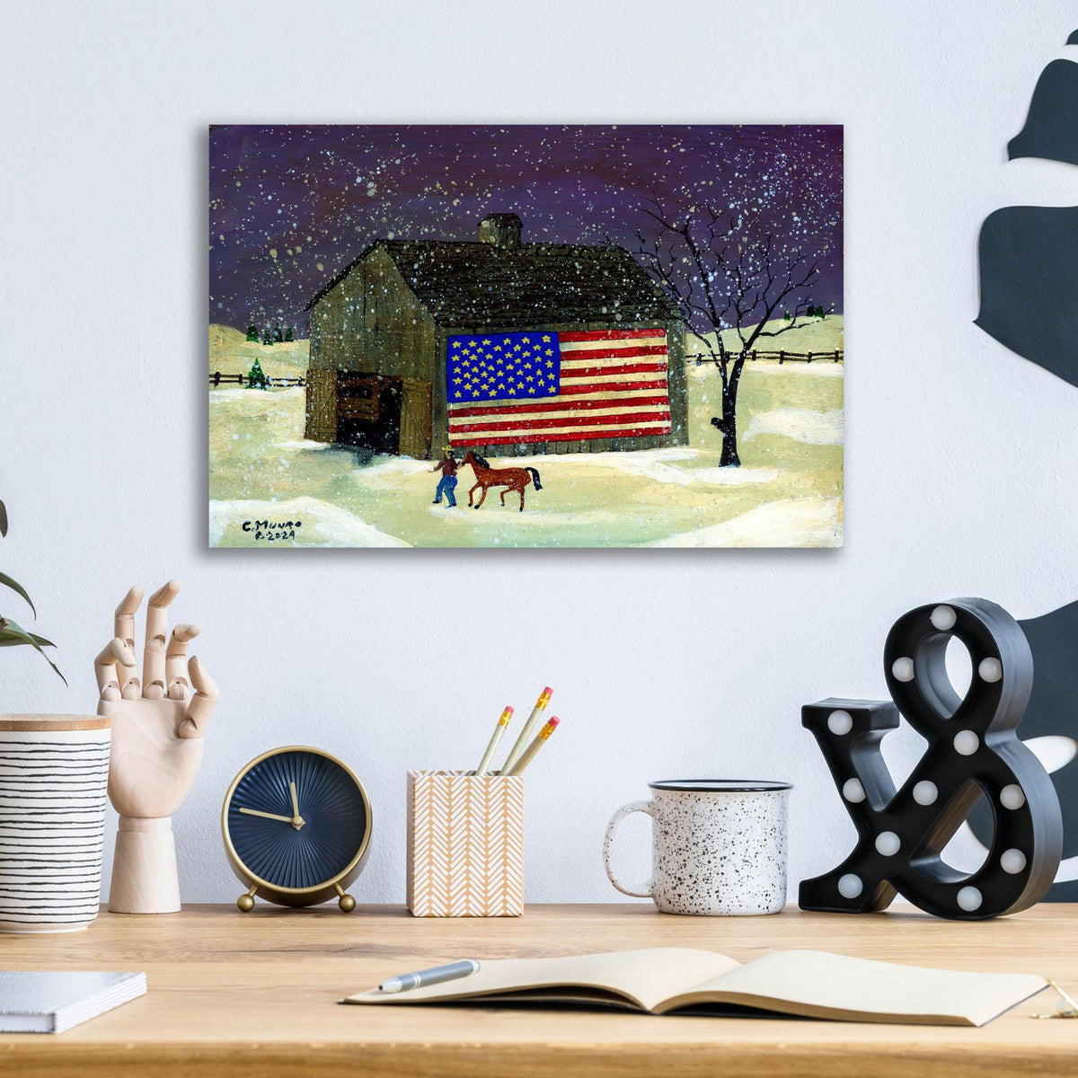 Barn With Flag 2 by C Munro - 16x12 acrylic wall art in a room