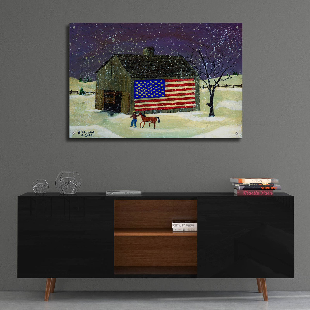 Barn With Flag 2 by C Munro - 36x24 acrylic wall art in a room