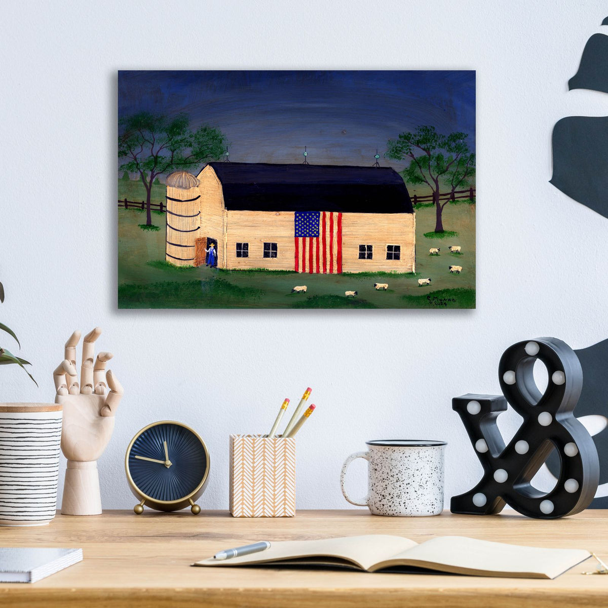 Barn With Flag 3 by C Munro - 16x12 acrylic wall art in a room