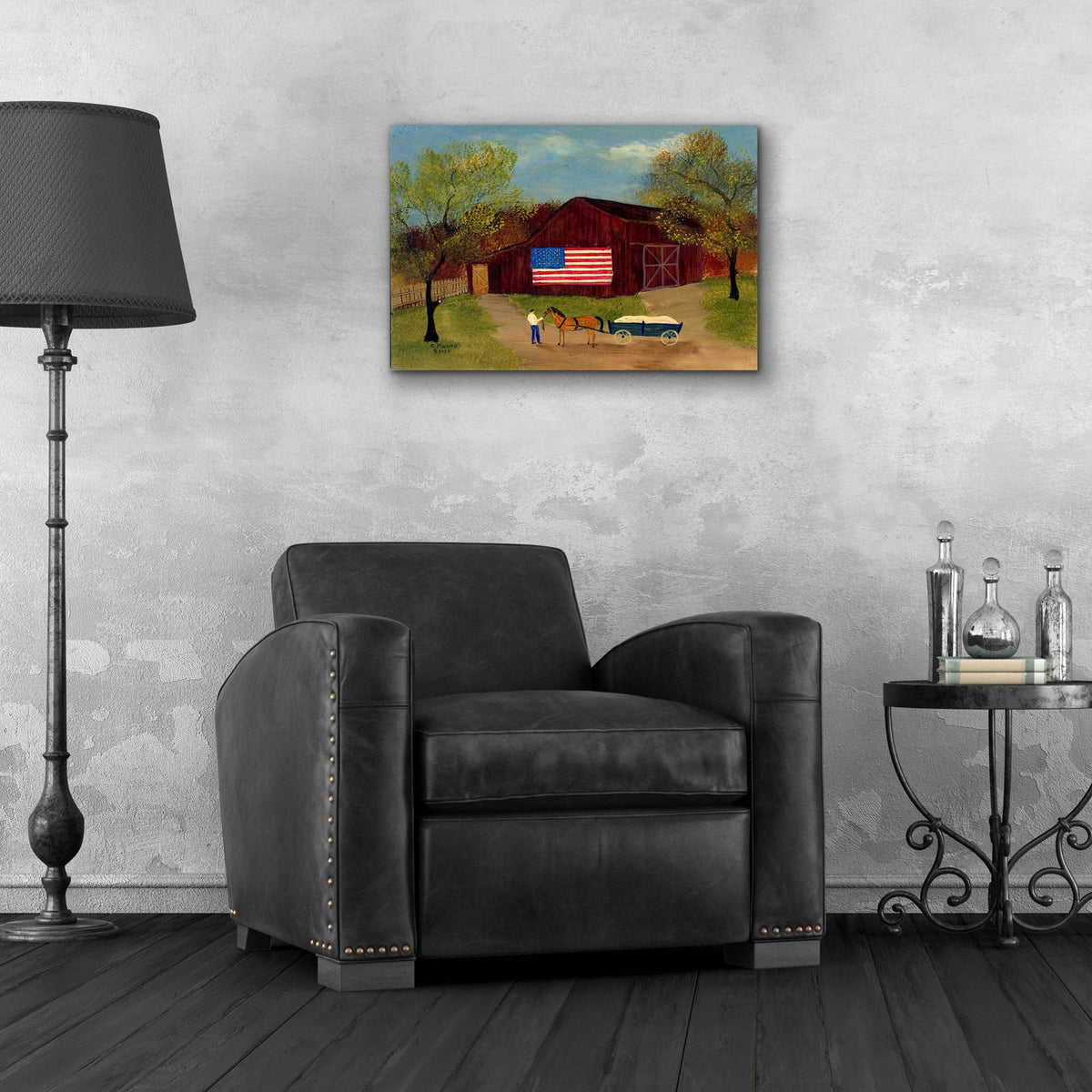Barn With Flag 5 A by C Munro - 24x16 acrylic wall art in a room