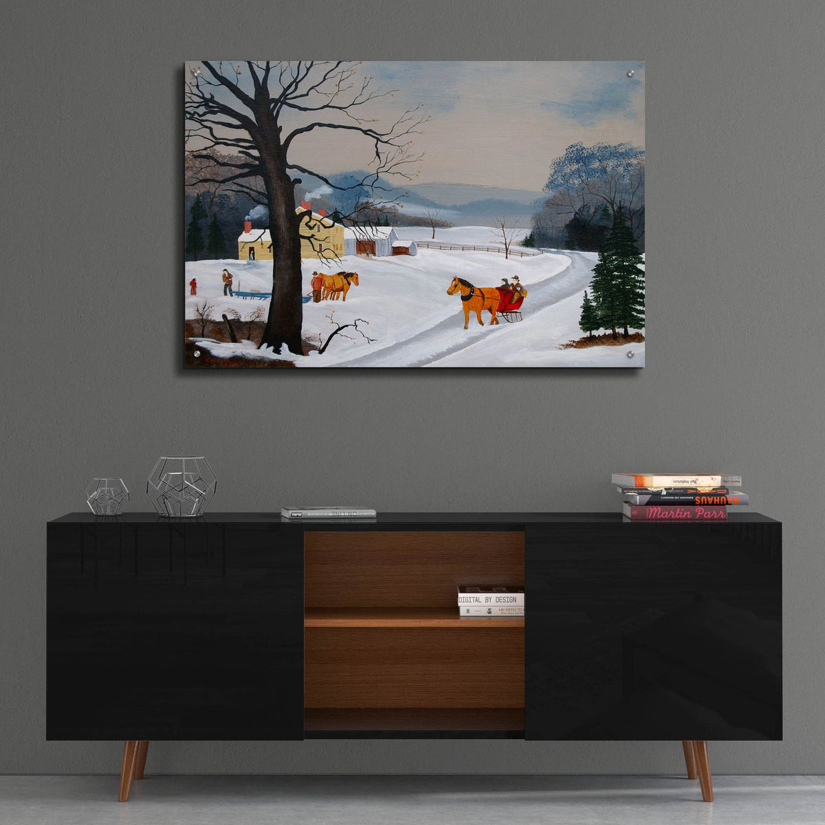 The Red Sleigh by C Munro - 36x24 acrylic wall art in a room