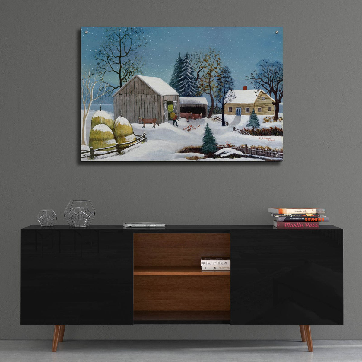 Winter In The Barnyard by C Munro - 36x24 acrylic wall art in a room