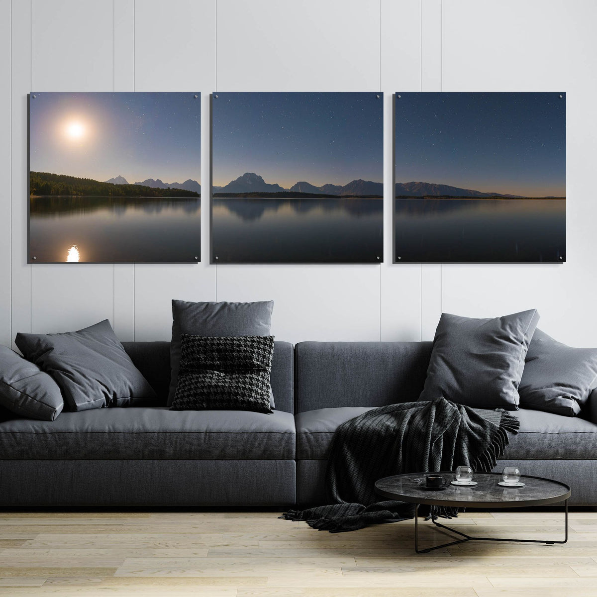 Epic Art 'Jackson Lake Moon' by Darren White, Acrylic Glass Wall Art, 3 Piece Set,108x36