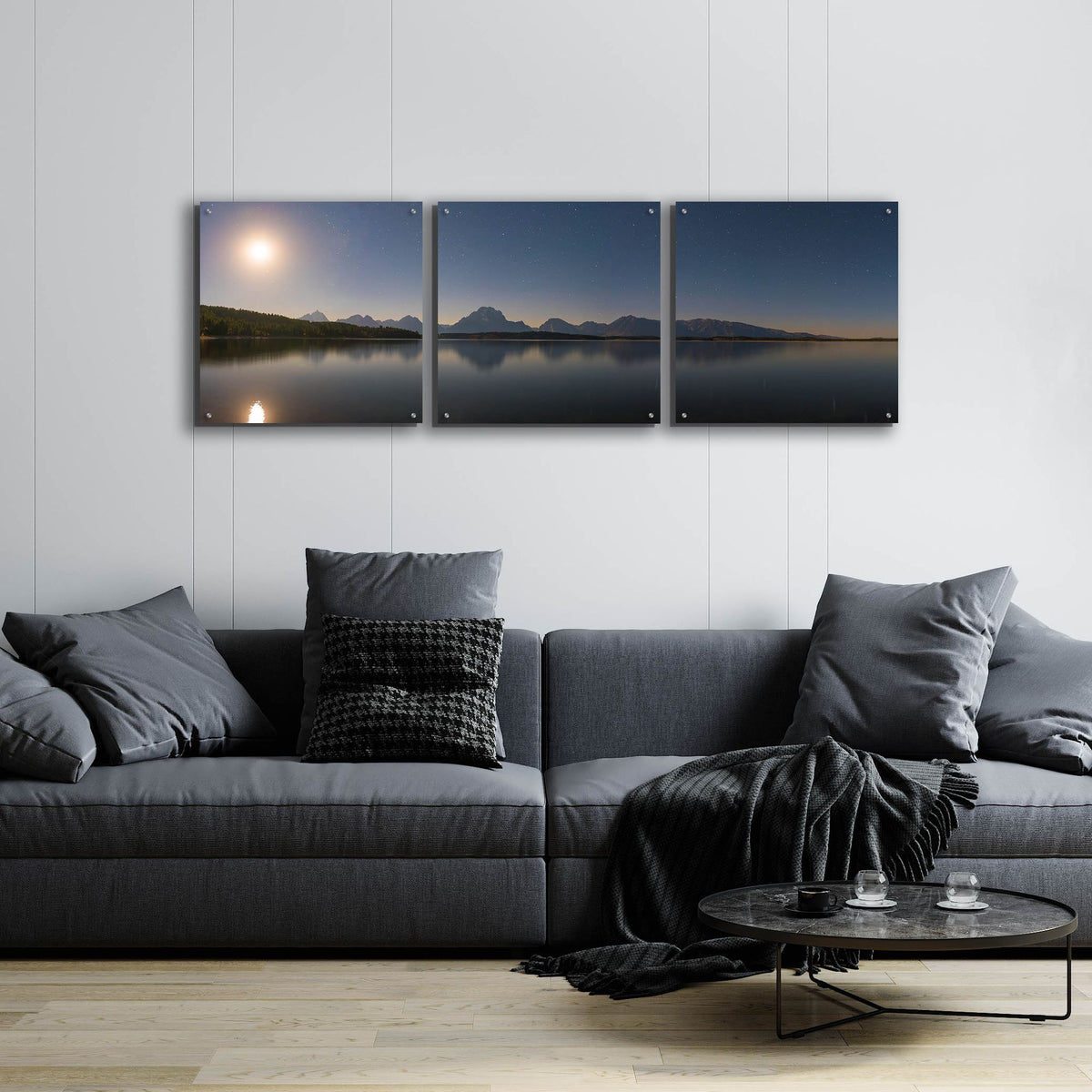 Epic Art 'Jackson Lake Moon' by Darren White, Acrylic Glass Wall Art, 3 Piece Set,72x24