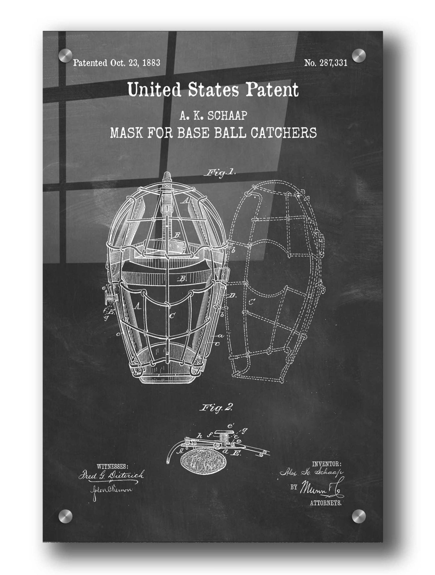 Epic Art 'Baseball Catchers Mask Blueprint Patent Chalkboard,' Acrylic Glass Wall Art,24x36