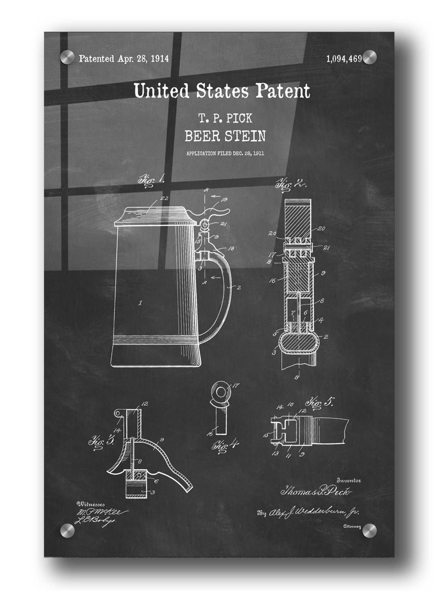 Epic Art 'Beer Stein Blueprint Patent Chalkboard,' Acrylic Glass Wall Art,24x36