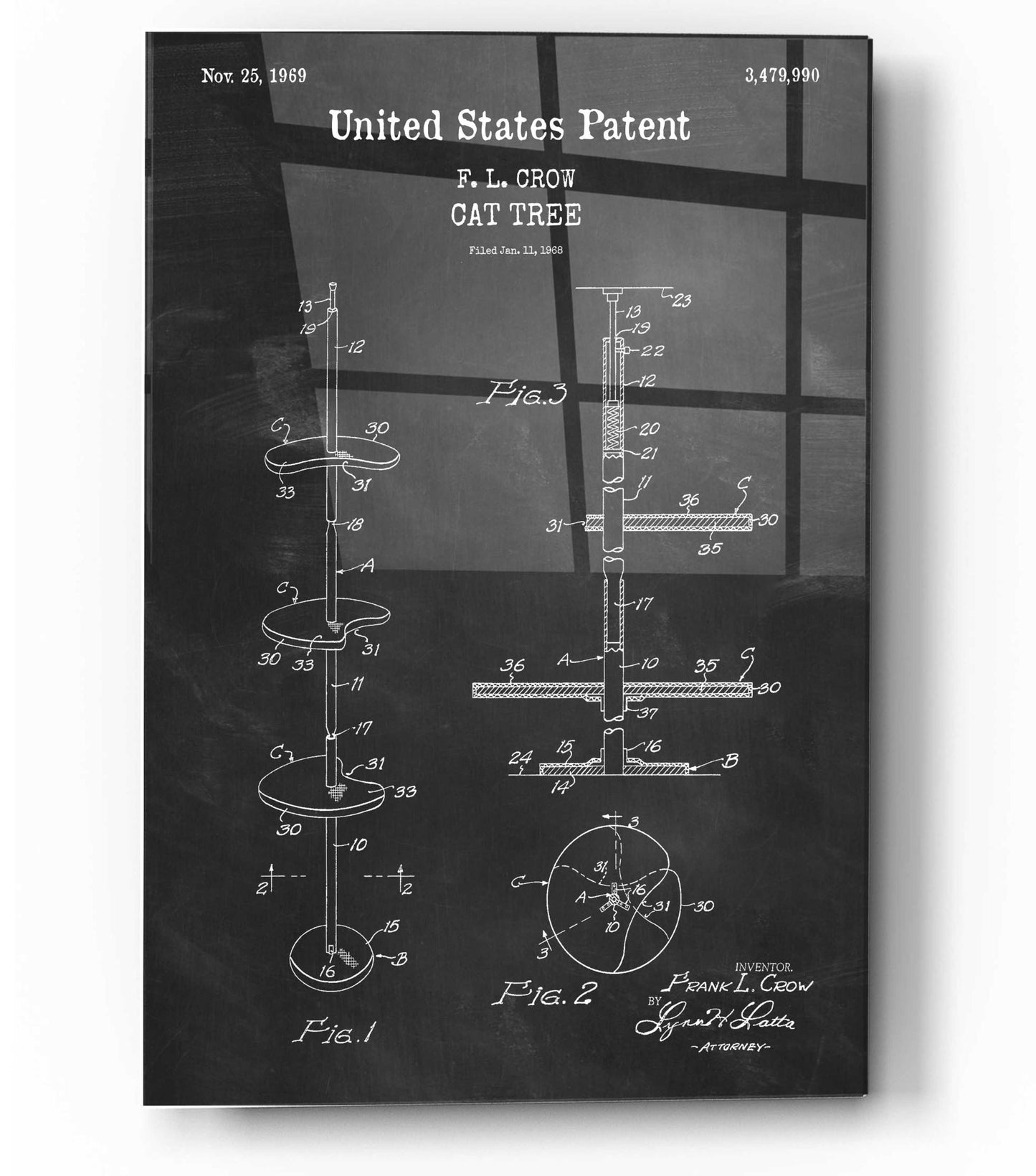 Epic Art 'Cat Tree Blueprint Patent Chalkboard,' Acrylic Glass Wall Art,12x16