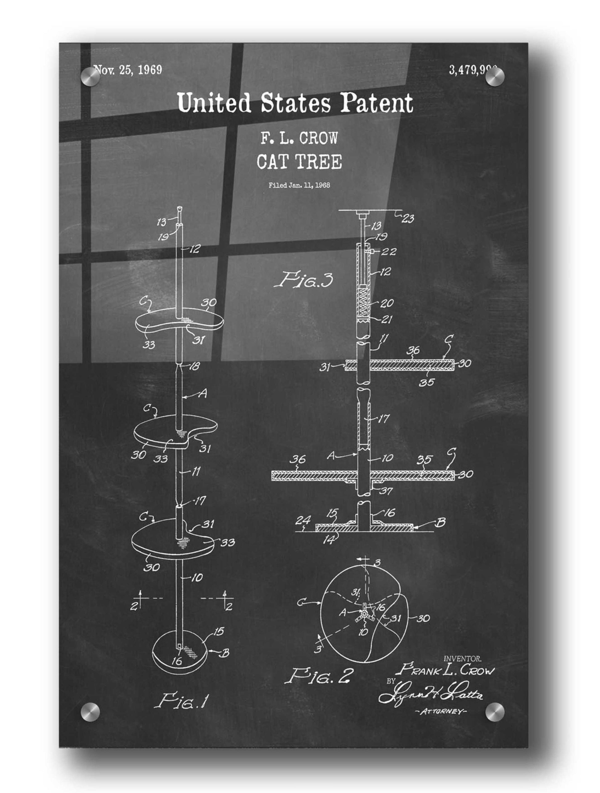 Epic Art 'Cat Tree Blueprint Patent Chalkboard,' Acrylic Glass Wall Art,24x36