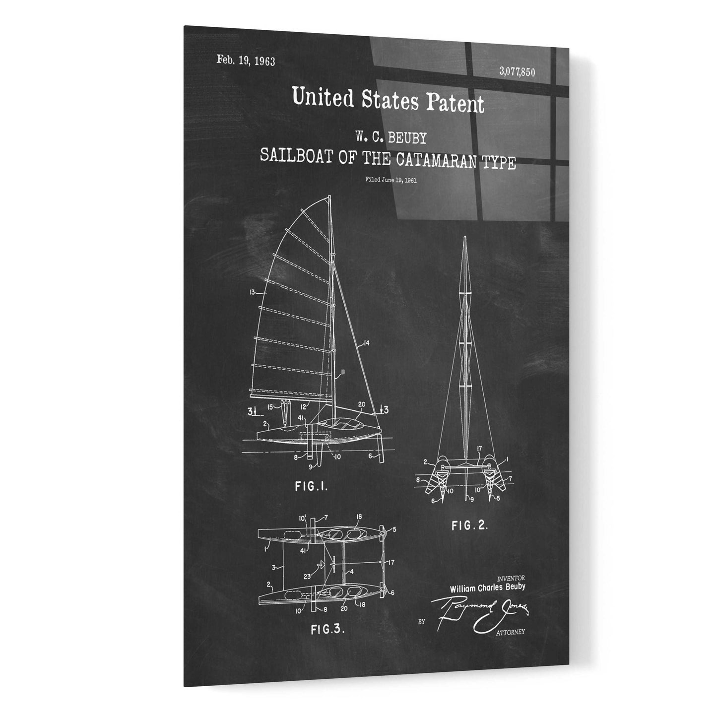Epic Art 'Catamaran Sailboat Blueprint Patent Chalkboard,' Acrylic Glass Wall Art,16x24