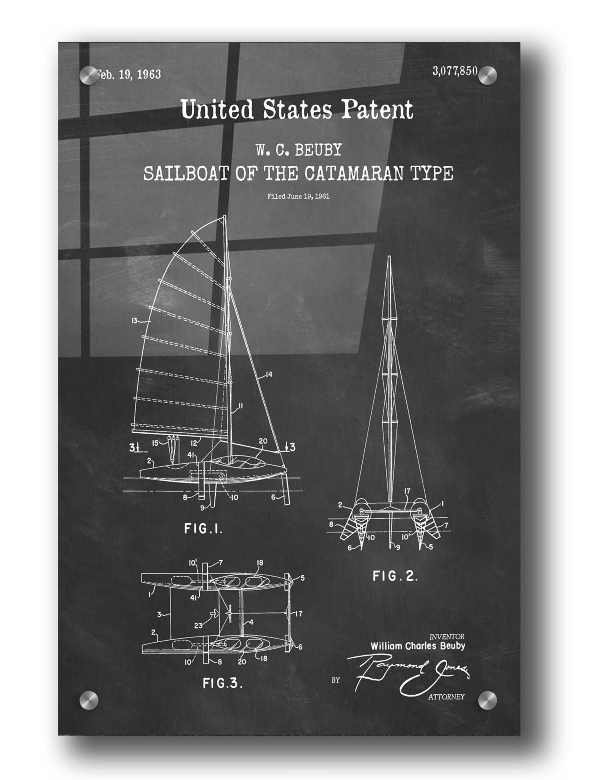 Epic Art 'Catamaran Sailboat Blueprint Patent Chalkboard,' Acrylic Glass Wall Art,24x36