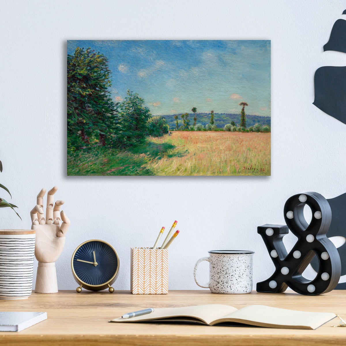 Sahurs Meadows In Morning Sun by Alfred Sisley - 16x12 acrylic wall art in a room