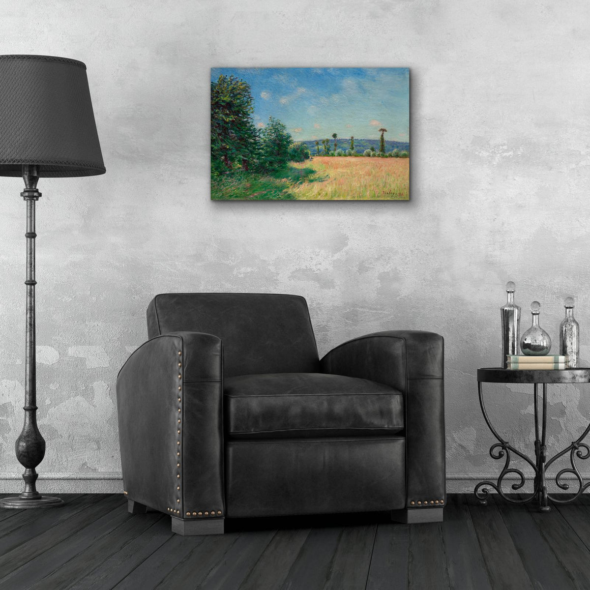 Sahurs Meadows In Morning Sun by Alfred Sisley - 24x16 acrylic wall art in a room