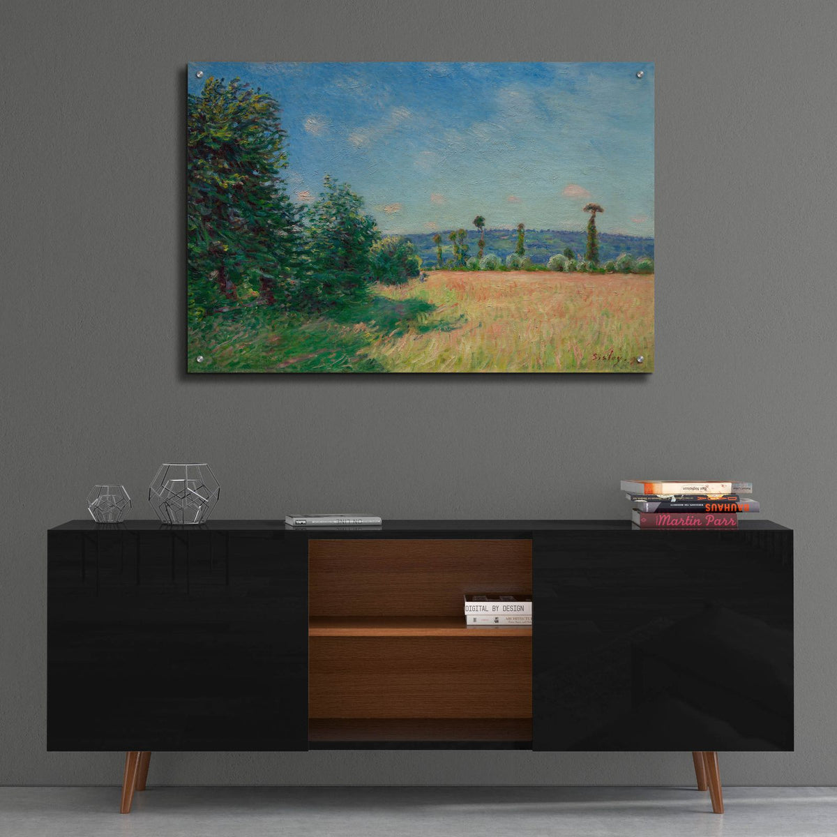 Sahurs Meadows In Morning Sun by Alfred Sisley - 36x24 acrylic wall art in a room