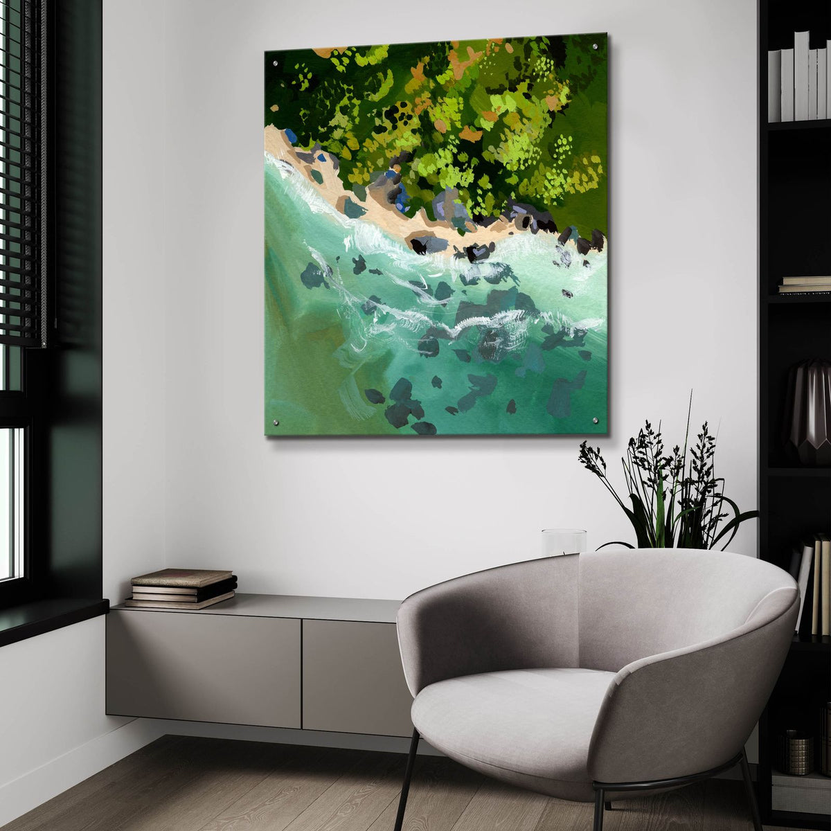 Aerial Rocky Coast by Brook Page - 36x36 acrylic wall art in a room