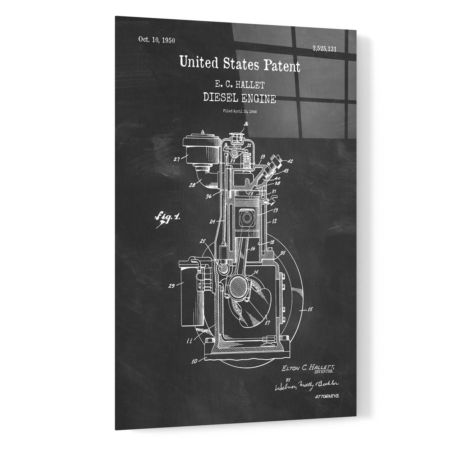 Epic Art 'Diesel Engine Blueprint Patent Chalkboard,' Acrylic Glass Wall Art,16x24