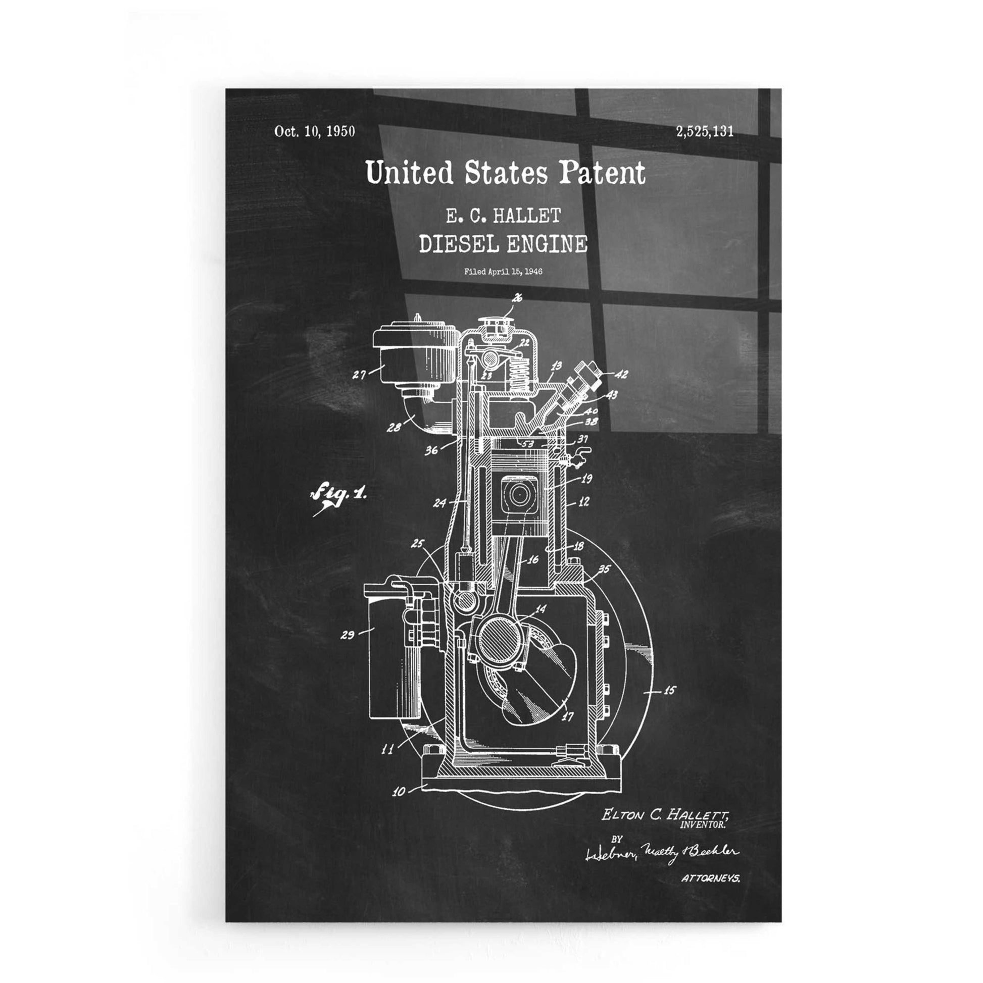 Epic Art 'Diesel Engine Blueprint Patent Chalkboard,' Acrylic Glass Wall Art,16x24