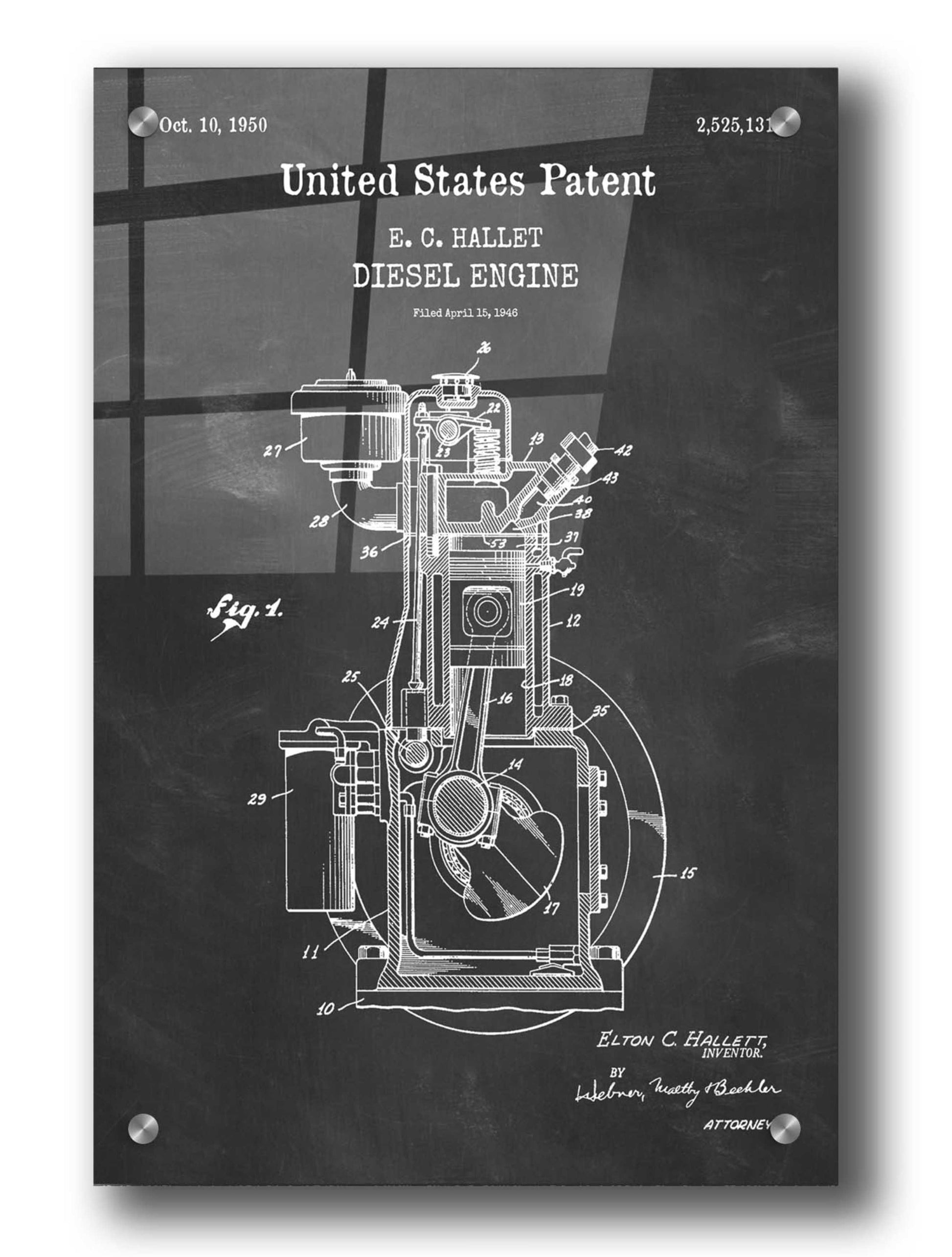 Epic Art 'Diesel Engine Blueprint Patent Chalkboard,' Acrylic Glass Wall Art,24x36