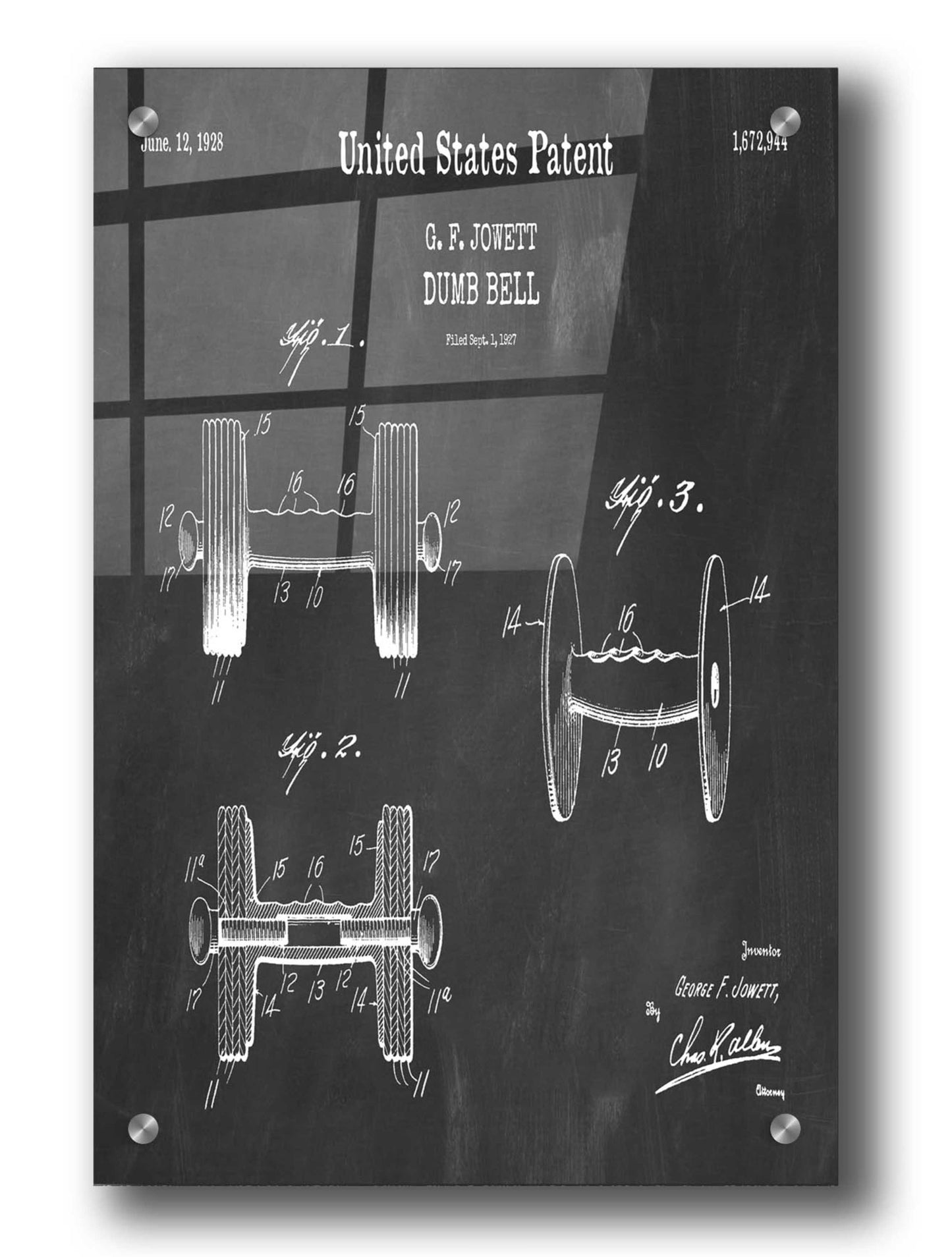 Epic Art 'Dumbbell Blueprint Patent Chalkboard,' Acrylic Glass Wall Art,24x36