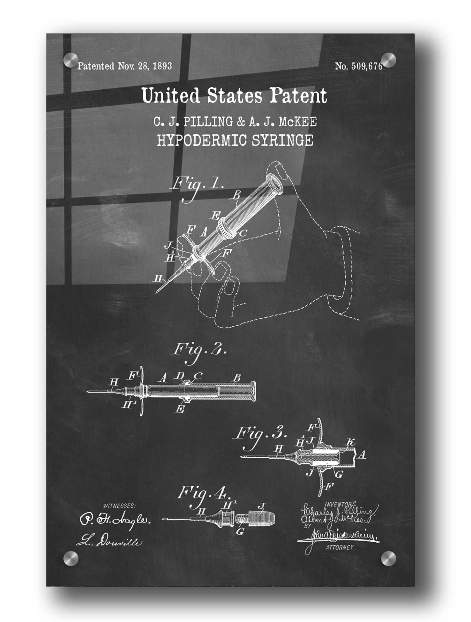 Epic Art 'Hypodermic Syringe Blueprint Patent Chalkboard,' Acrylic Glass Wall Art,24x36