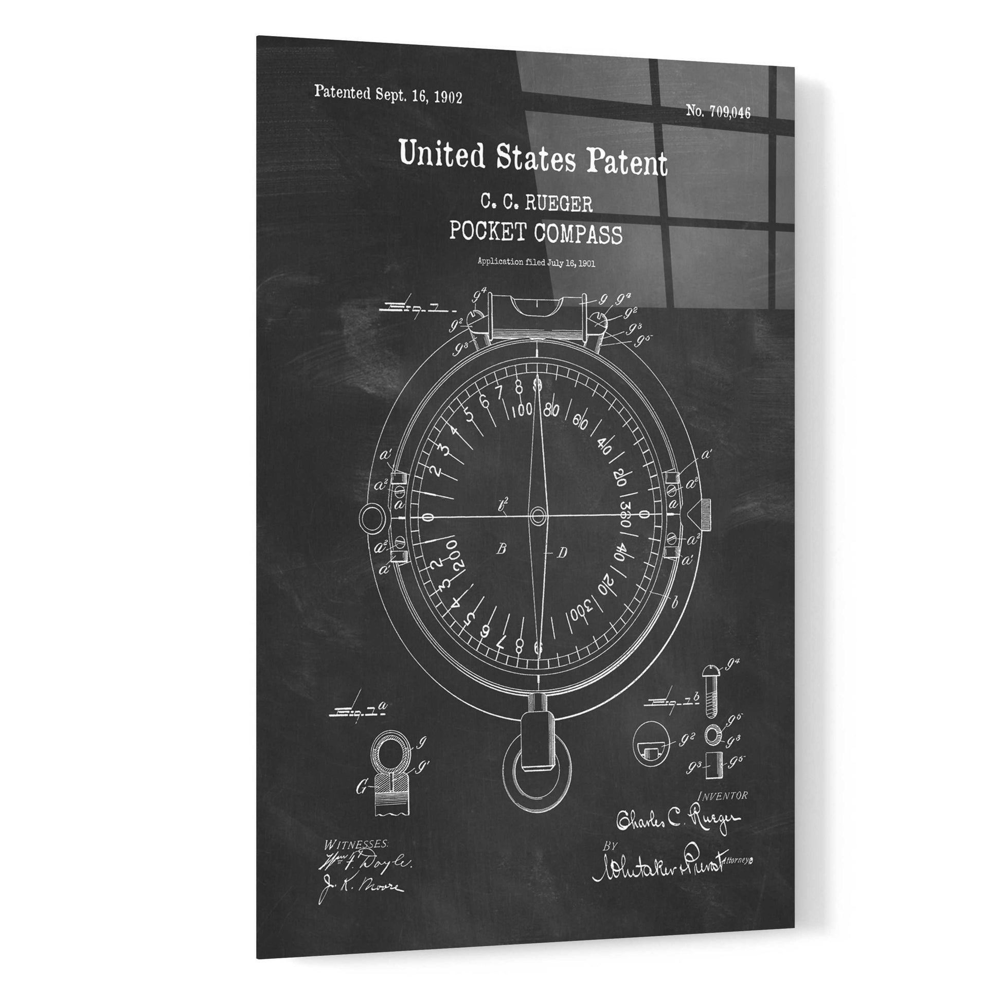 Epic Art 'Pocket Compass Blueprint Patent Chalkboard,' Acrylic Glass Wall Art,16x24