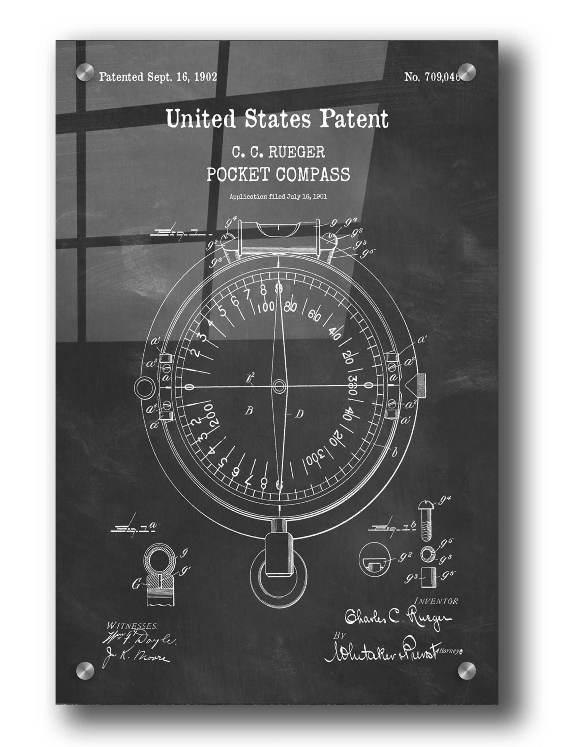 Epic Art 'Pocket Compass Blueprint Patent Chalkboard,' Acrylic Glass Wall Art,24x36