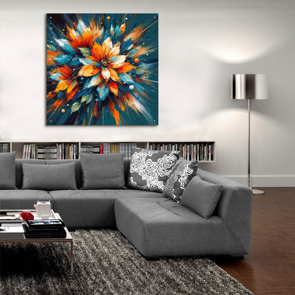 Bold Flower Splash On Teal by Rey Klimt - 36x36 acrylic wall art in a room